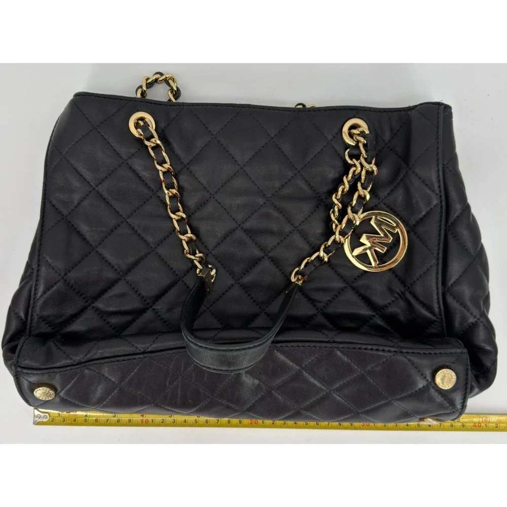 MICHAEL KORS Black Quilted Leather Shoulder Bag Purse Gold Chain Strap 13.5